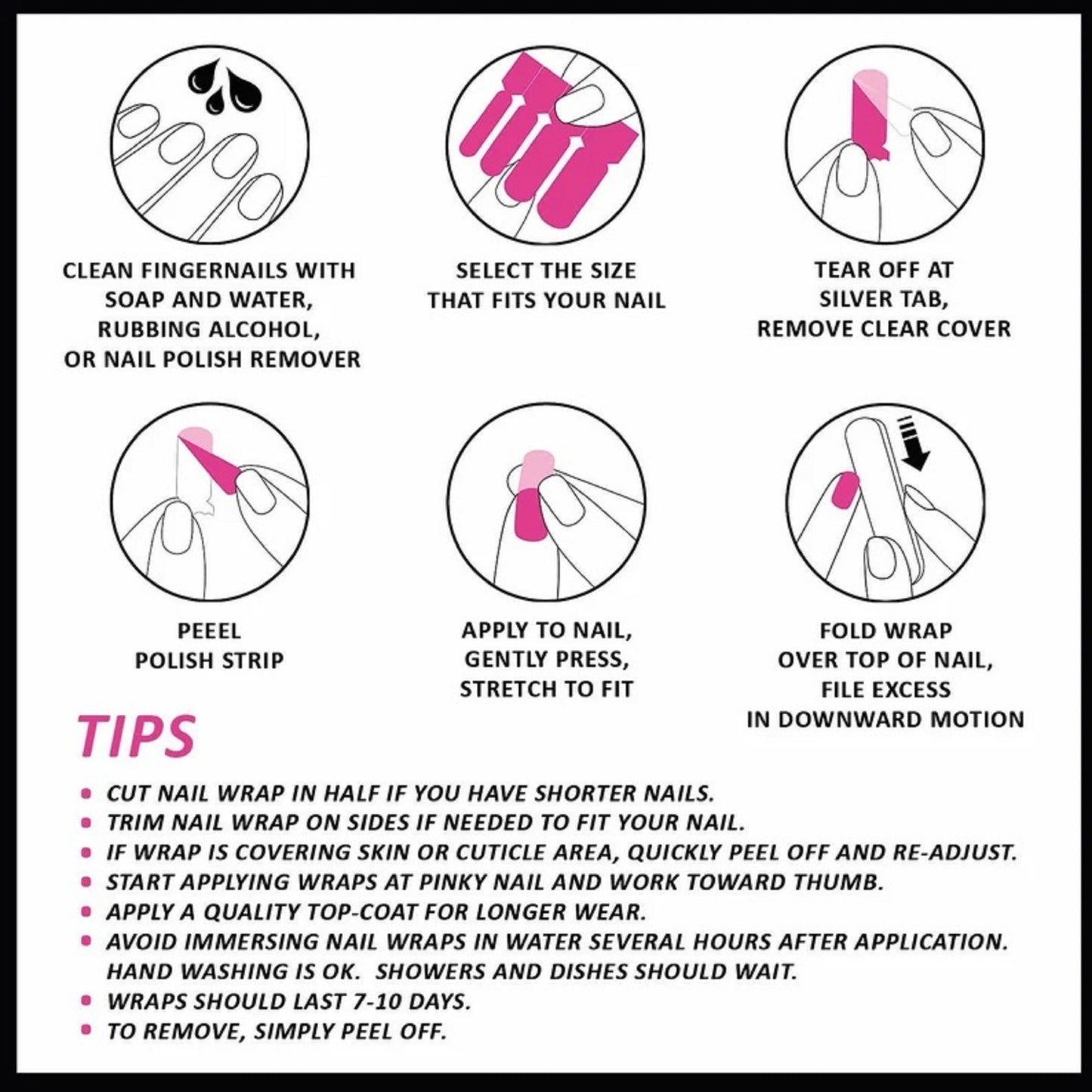 Instructions for applying nail wraps with icons and text on a white background