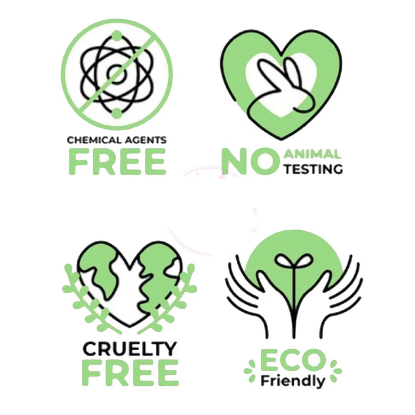 Set of green and white icons representing chemical agent freedom, no animal testing, cruelty freedom, and eco-friendliness on a white background.