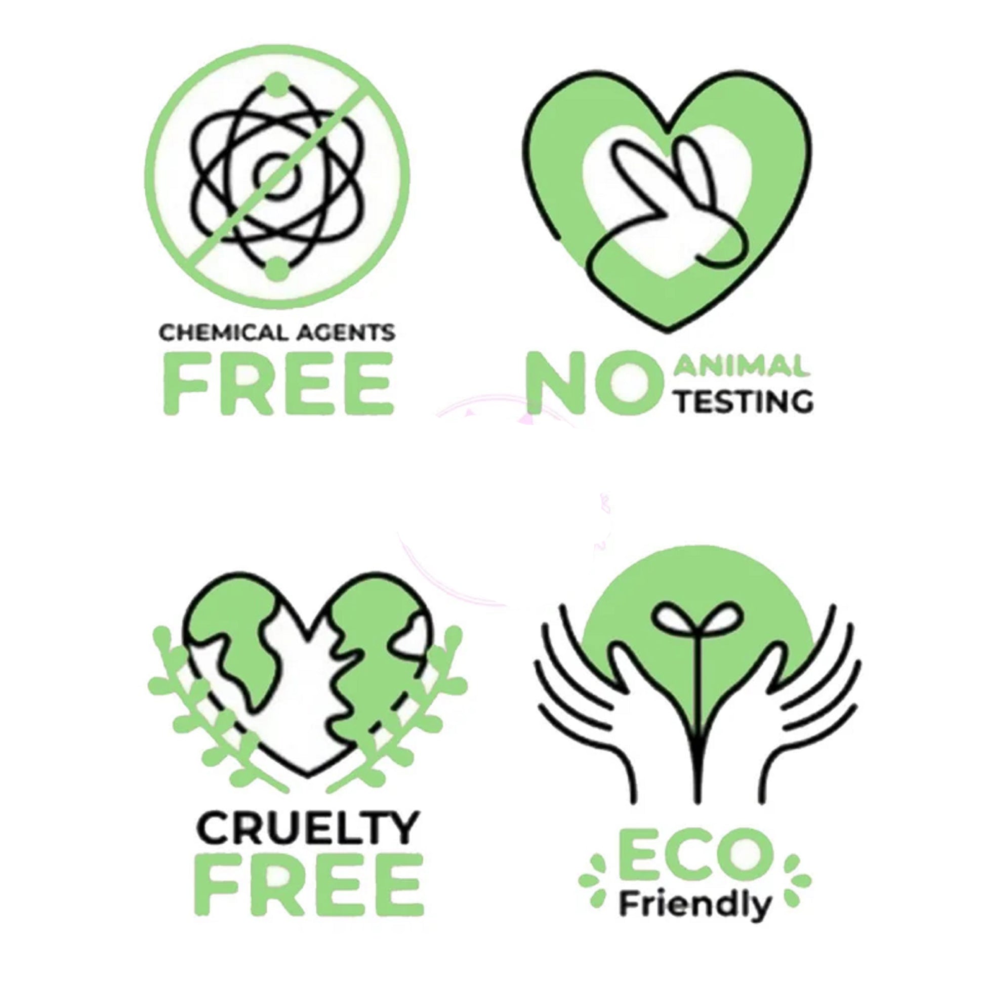Set of green and white icons representing chemical agent freedom, no animal testing, cruelty freedom, and eco-friendliness on a white background.